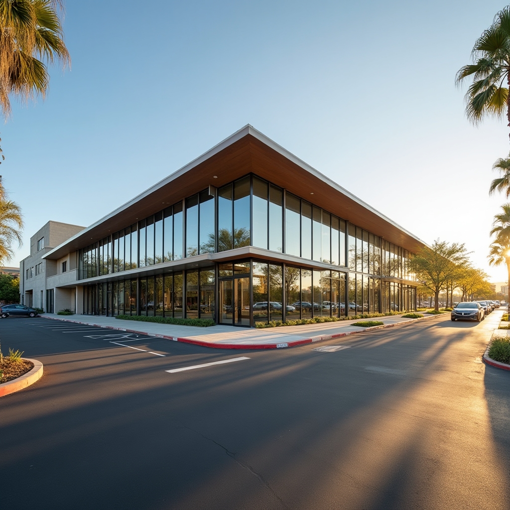 Modern office building exterior in San Diego with large windows and clear signage near a sports arena district